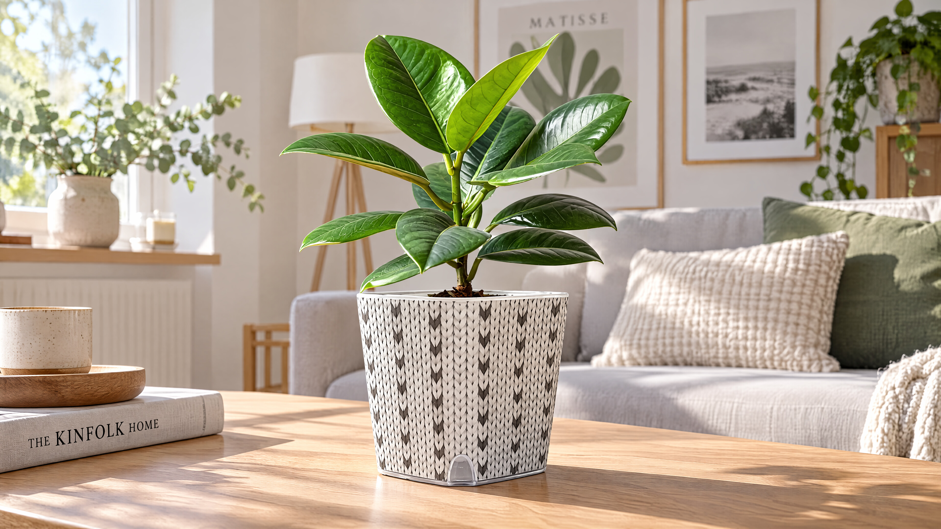 Patterned ELVE pots styled across different interior moods